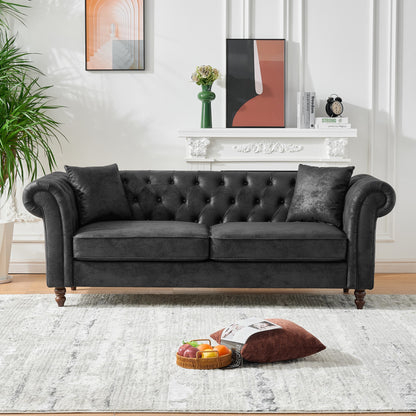 GOMYHOME Black 83" Chesterfield Tech Fabric Sofa Black for modern living room