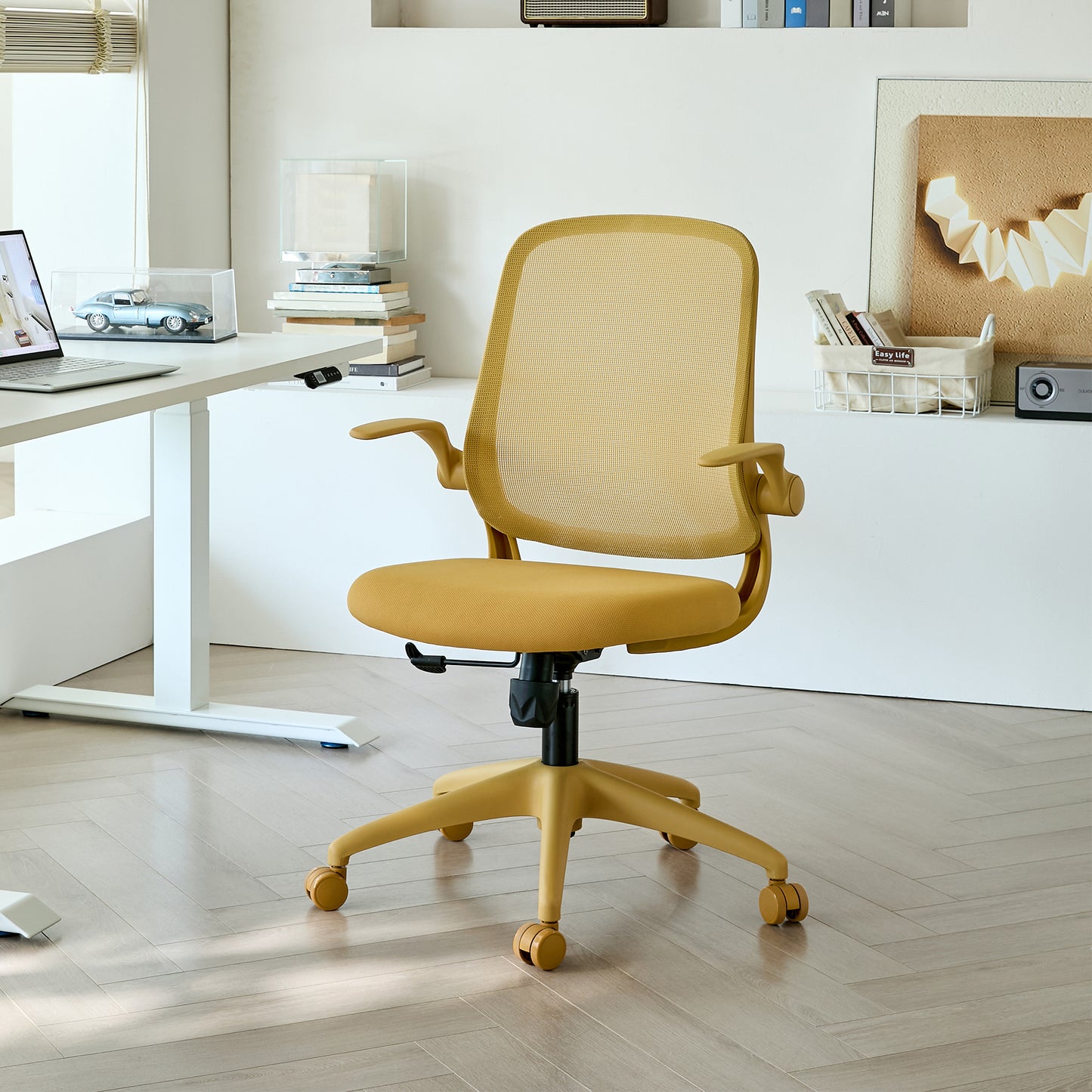 GOMYHOME Yellow Ergonomic Mesh Office Chair with Flip-Up Arms and Lumbar Support