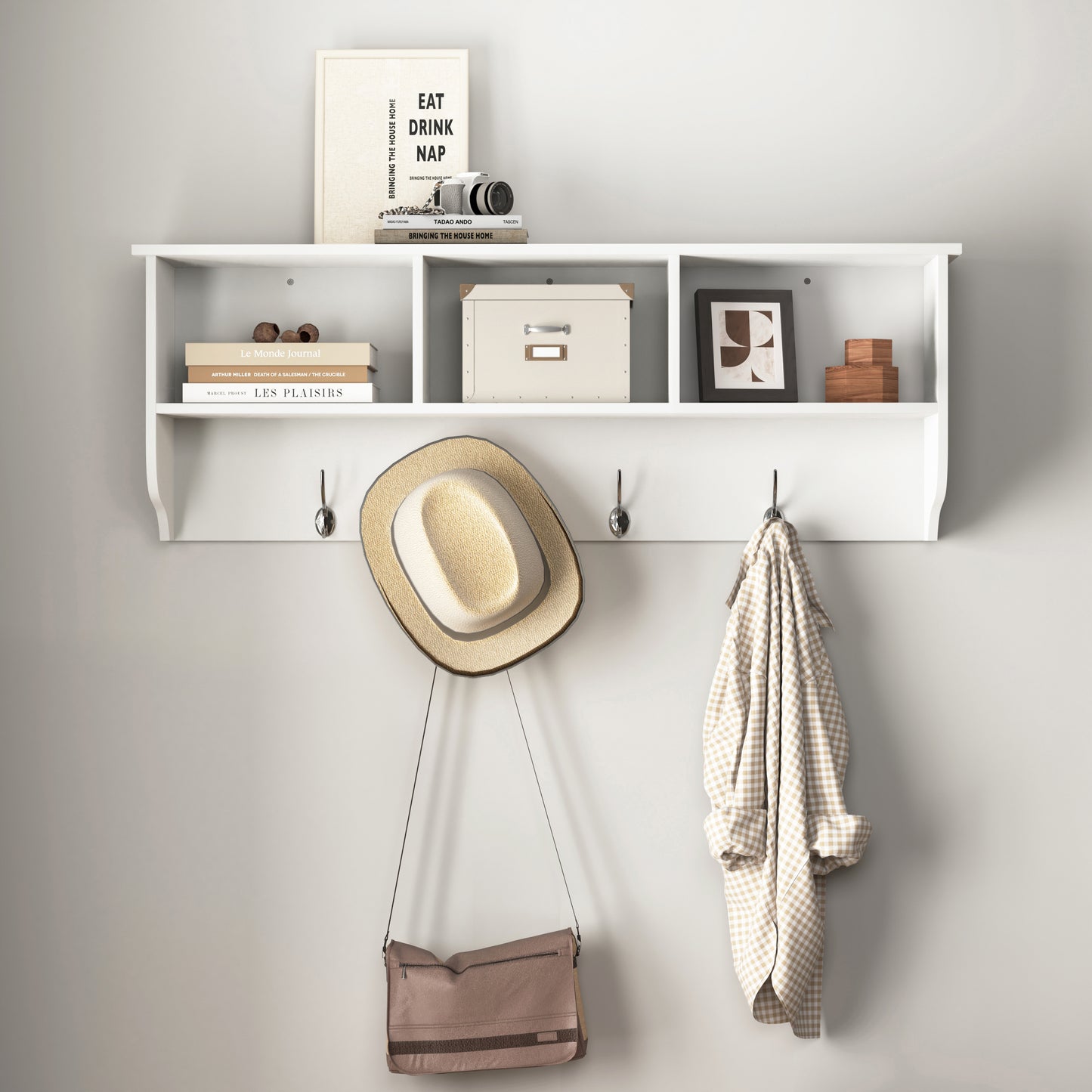 GOMYHOME White Entryway Wall Mounted Coat Rack with 4 Dual Hooks Living Room Wooden Storage.