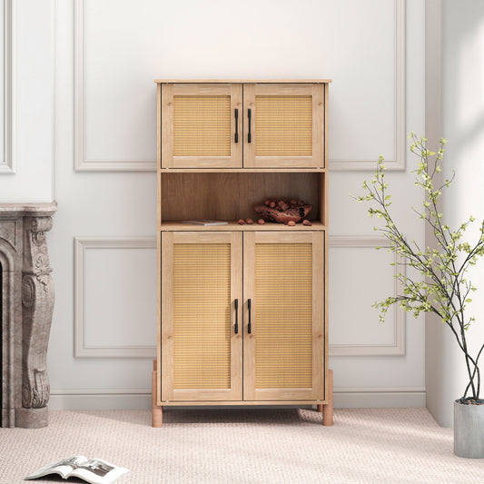 Mid-Century Modern 4-Door Storage Cabinet with Rattan Doors & Adjustable Shelves