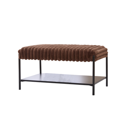 Brown Faux Fur Bench with Storage Shelf & Metal Legs