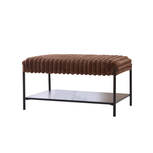 Brown Faux Fur Bench with Storage Shelf & Metal Legs