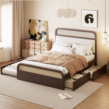 Queen Platform Bed with Trundle, 2 Storage Drawers & Rattan Headboard, Espresso
