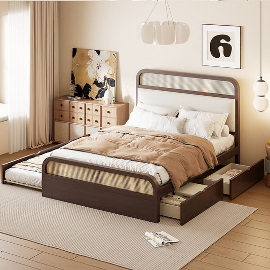 Queen Platform Bed with Trundle, 2 Storage Drawers & Rattan Headboard, Espresso