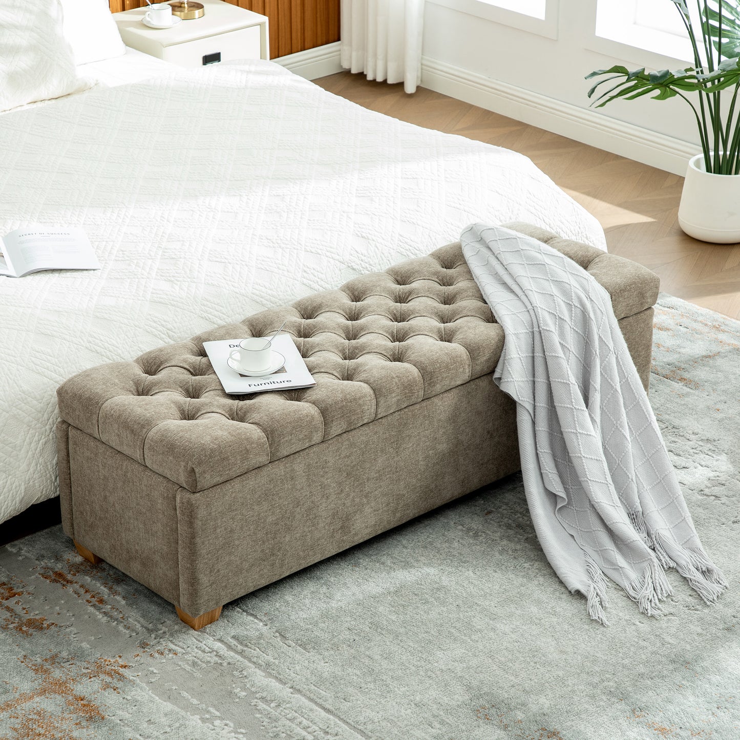 GOMYHOME taupe taupe chenille storage bench for living room bedroom and apartment