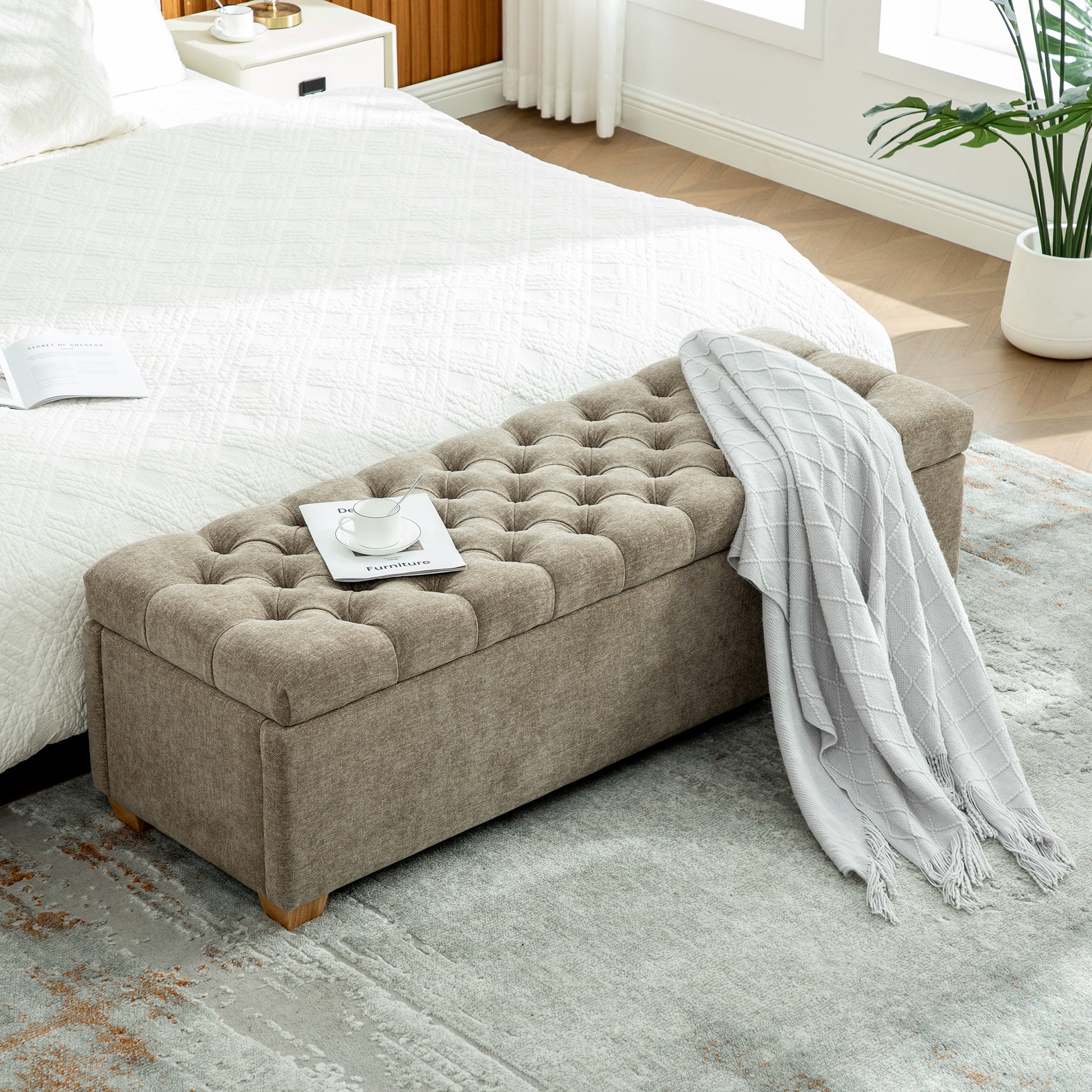 GOMYHOME taupe taupe chenille storage bench for living room bedroom and apartment
