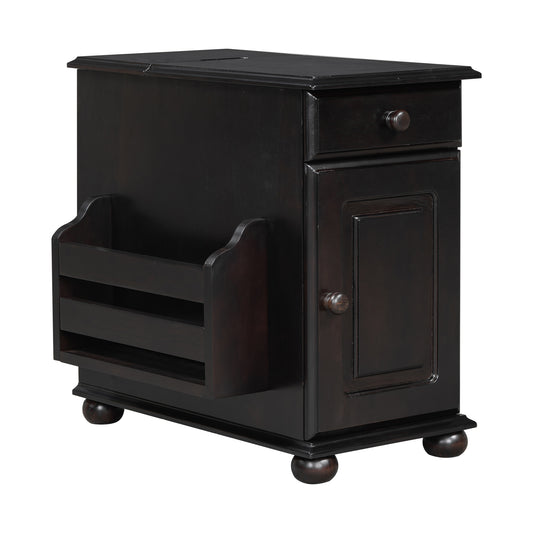 Wooden Side Table with Storage Cabinet, Drawer & Magazine Rack - Dark Brown