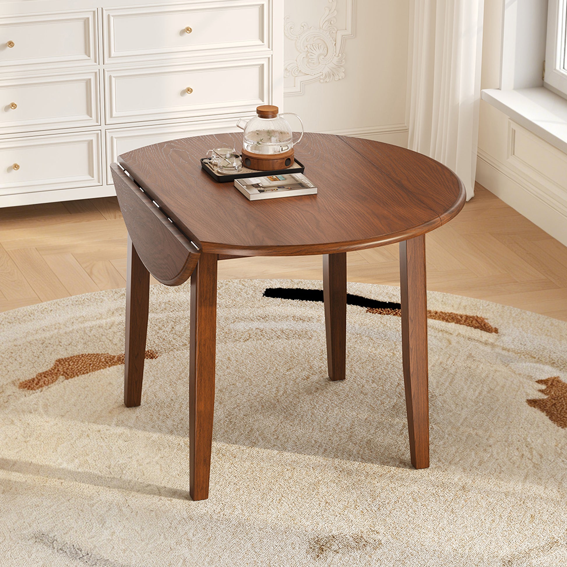 GOMYHOME Brown Extendable Folding Round Dining Table in Brown for Dining Room
