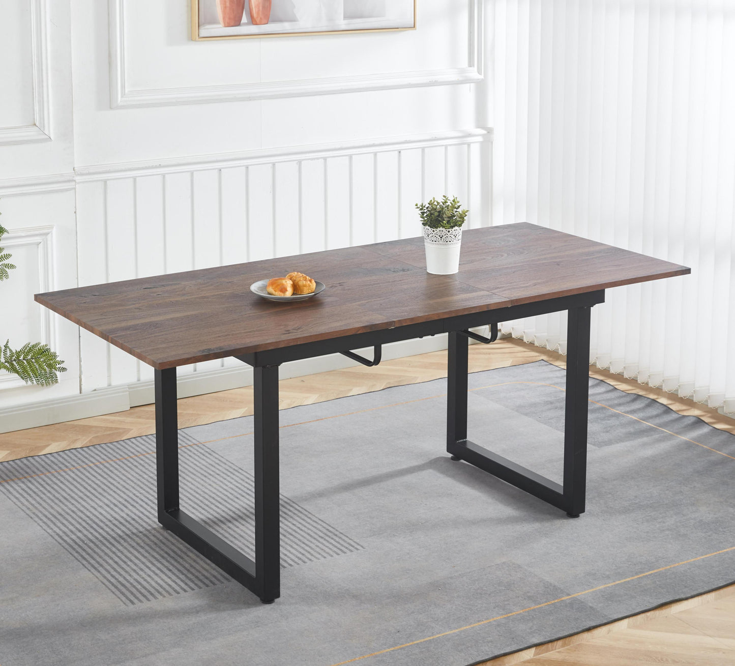 GOMYHOME walnut color,Square Extendable Dining Table with metal leg,Modern Space Saving Kitchen Table for Living Room(55.11''/ 70.86' L x 31.5' W x 29.5' H)