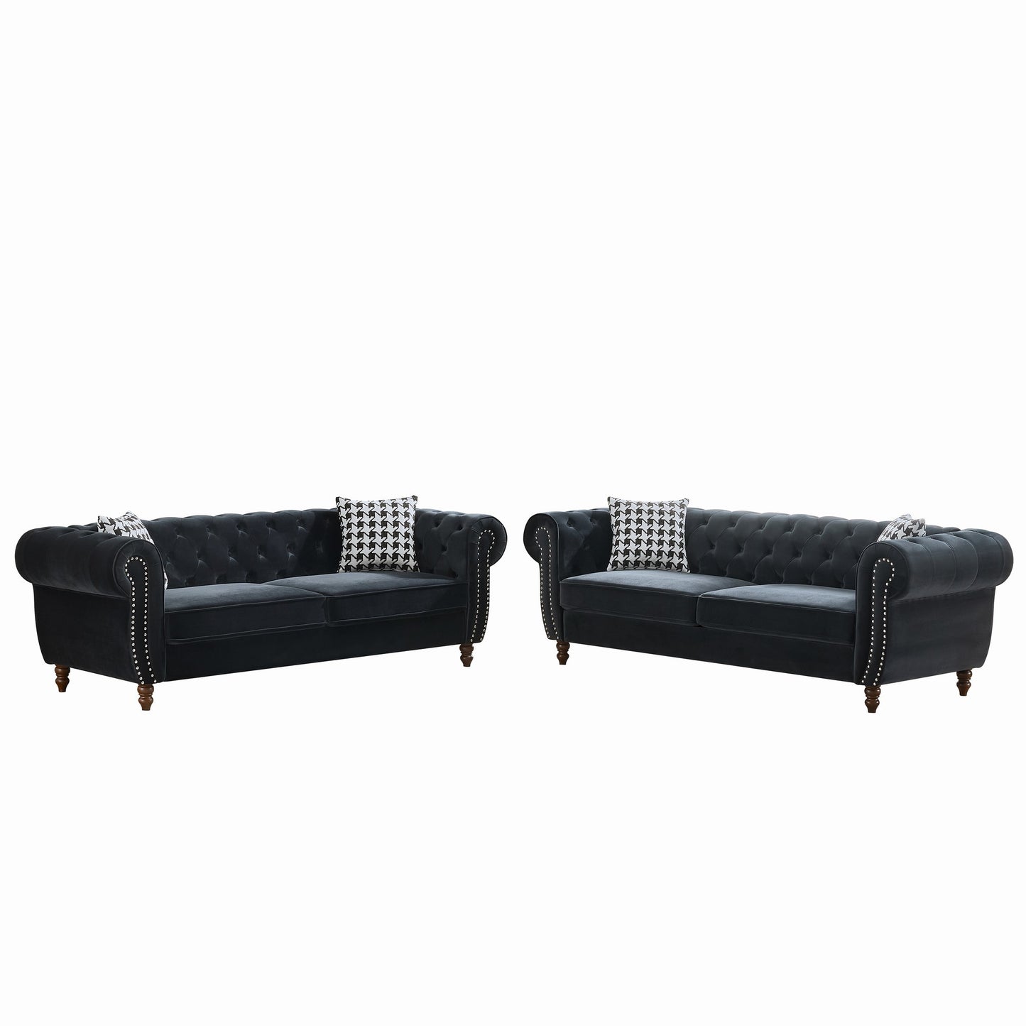 GOMYHOME Black Tech Fabric Chesterfield Sofa Set with Two 3-Seat Sofas