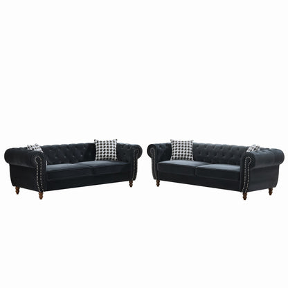 GOMYHOME Black Tech Fabric Chesterfield Sofa Set with Two 3-Seat Sofas
