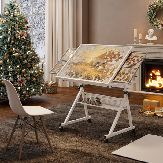 1500-Piece Jigsaw Puzzle Table with Adjustable Height & 4 Storage Trays, White