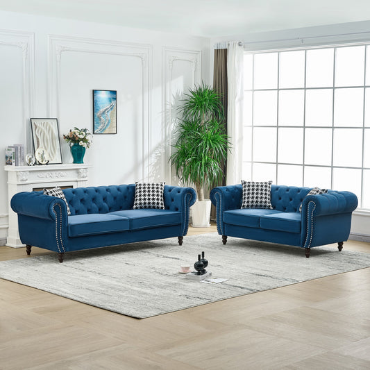 GOMYHOME Blue Tech Fabric Chesterfield Sofa Set with 3+2 Seating