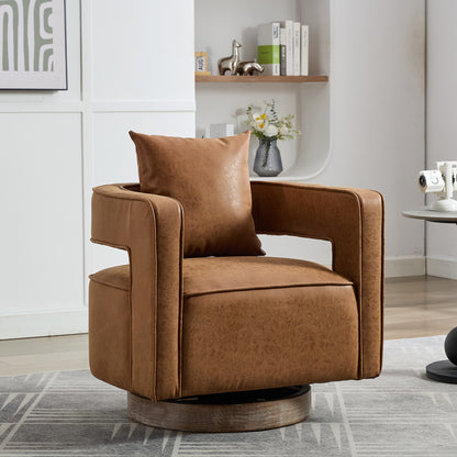 Modern Lounge Armchair, Swivel Barrel Chair with Faux Leather & Pillow, Brown