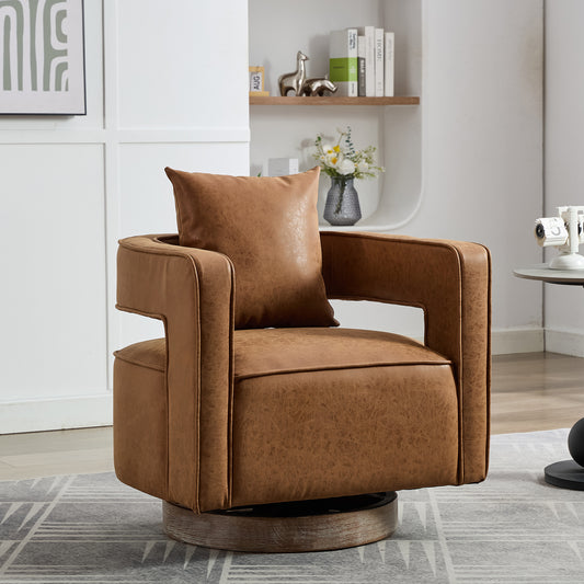 Modern Lounge Armchair, Swivel Barrel Chair with Faux Leather & Pillow, Brown