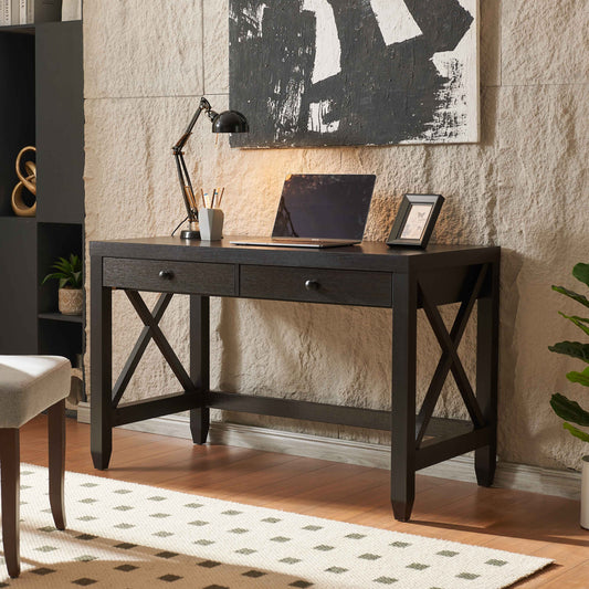 Home Office Writing Desk with 2 Drawers and X-Brace Wooden Frame