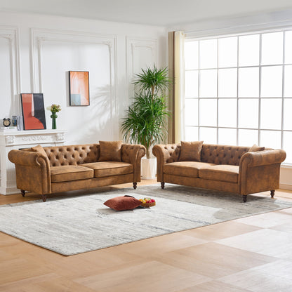 GOMYHOME Brown Tech Fabric Chesterfield Sofa Set with Two 3-Seat Sofas