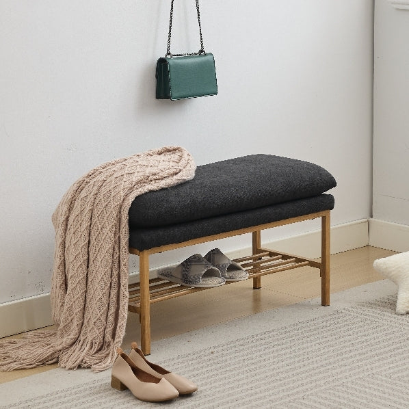 GOMYHOME End of Bed Bench with Shelf, Linen Upholstered Storage Shoe Bench, Modern Bedroom Bench with Metal Legs for Living Room, Entryway, Dining Room, 300 LB, Linen Color(Black)