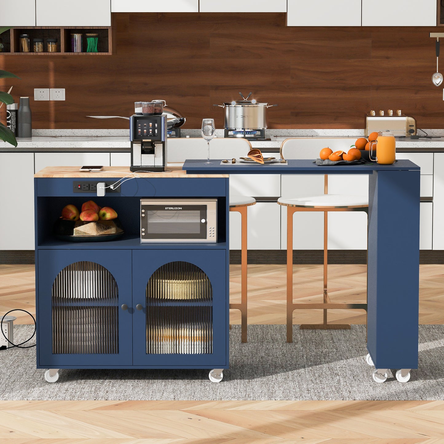 GOMYHOME Rolling Kitchen Island With Extended Table, Kitchen Island on Wheels with LED Lights,Power Outlets and 2 Fluted Glass Doors, Kitchen Island with a Storage Compartment and Side 3 Open Shelves, Navy