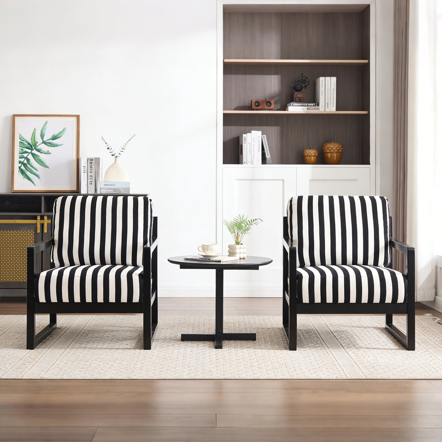 GOMYHOME Mid-Century Modern Stripe Accent Chair with Black Oak Frame