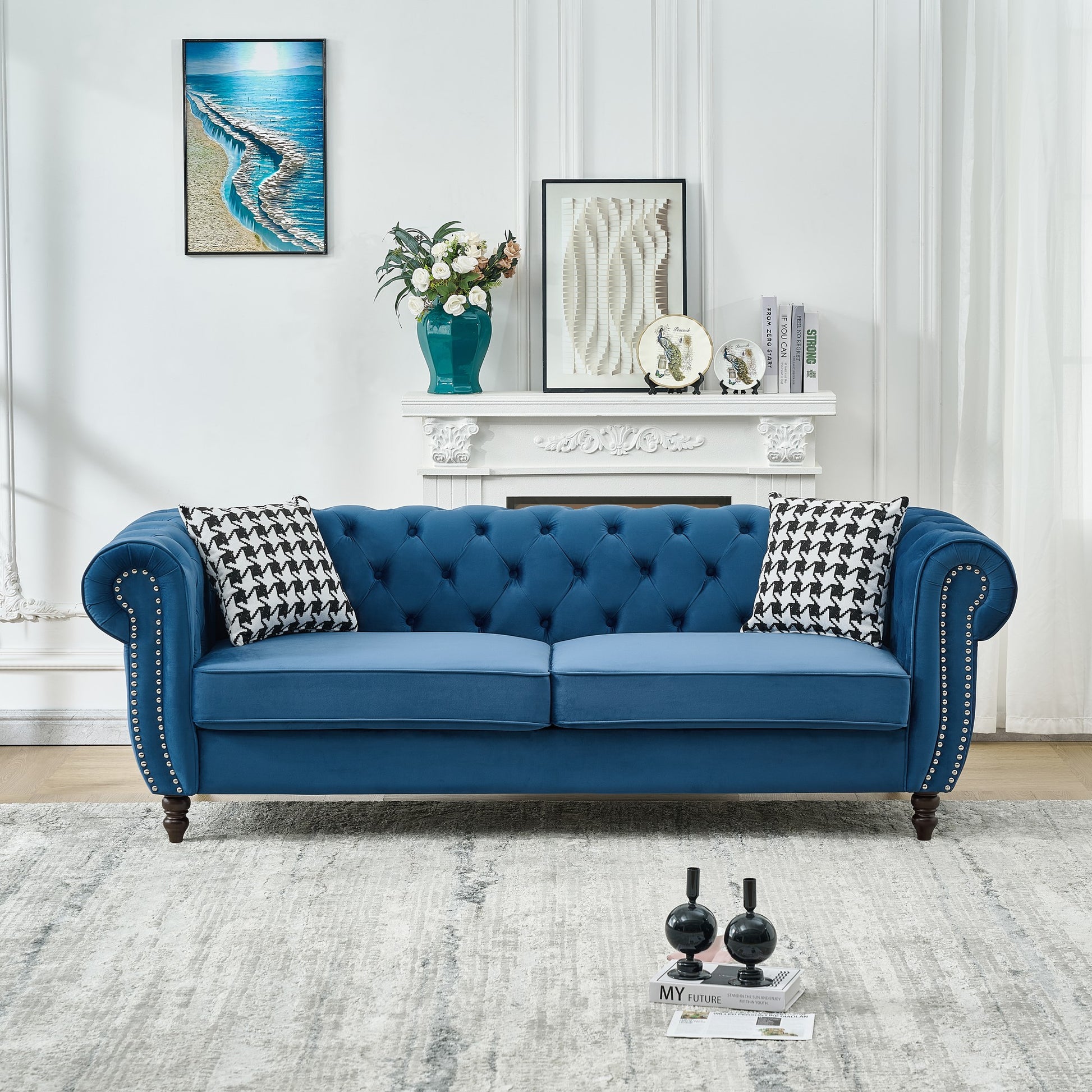 GOMYHOME Blue 85" Chesterfield Velvet Sofa Blue for modern living room