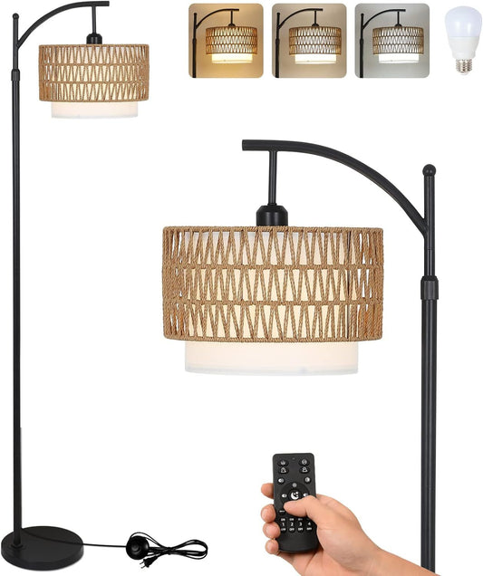'-Arc Floor Lamp with Remote, 3-Color Dimmable Bulb & Rattan Shades