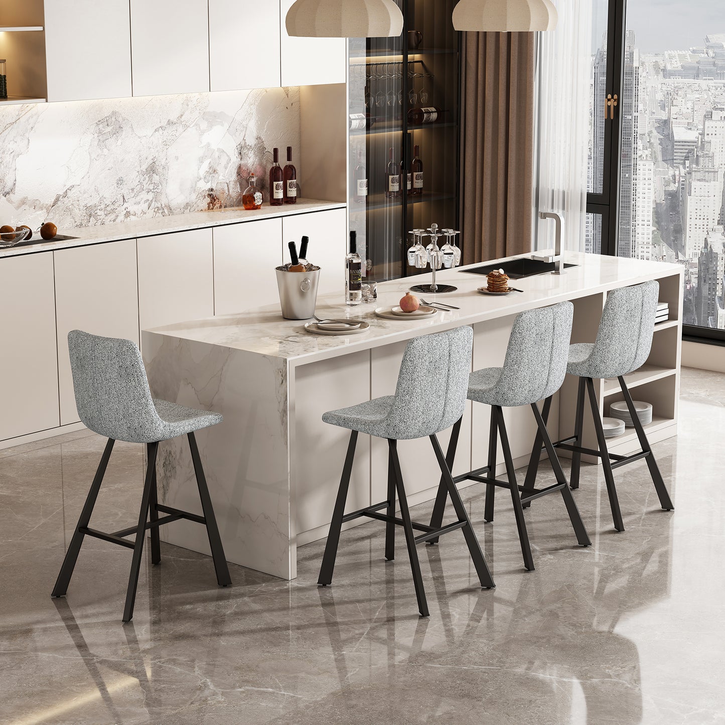 GOMYHOME 26" Counter Height Bar Stools Set of 2, Boucle Upholstered Fabric Seat, Metal Legs