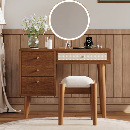 GOMYHOME 39" Solid Wood Makeup Vanity Set,Desk with Drawers, Rattan Front, USB & Outlet, Stool