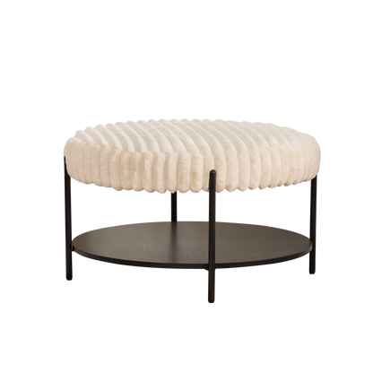 Beige Round Ottoman Coffee Table with Storage Shelf & Black Metal Legs