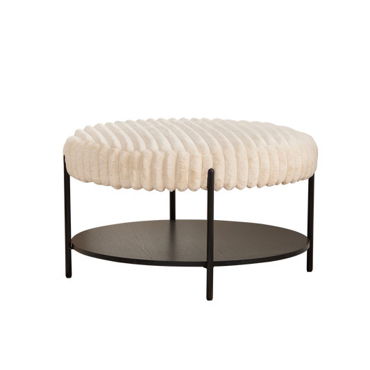 Beige Round Ottoman Coffee Table with Storage Shelf & Black Metal Legs
