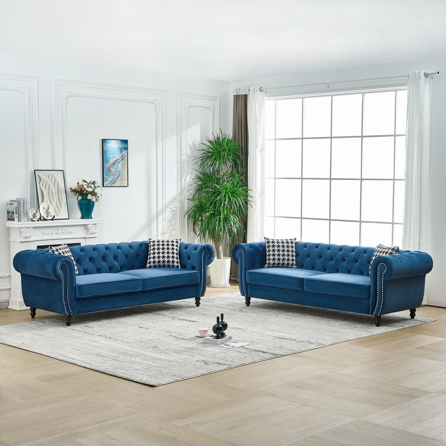GOMYHOME Blue Tech Fabric Chesterfield Sofa Set with Two 3-Seat Sofas