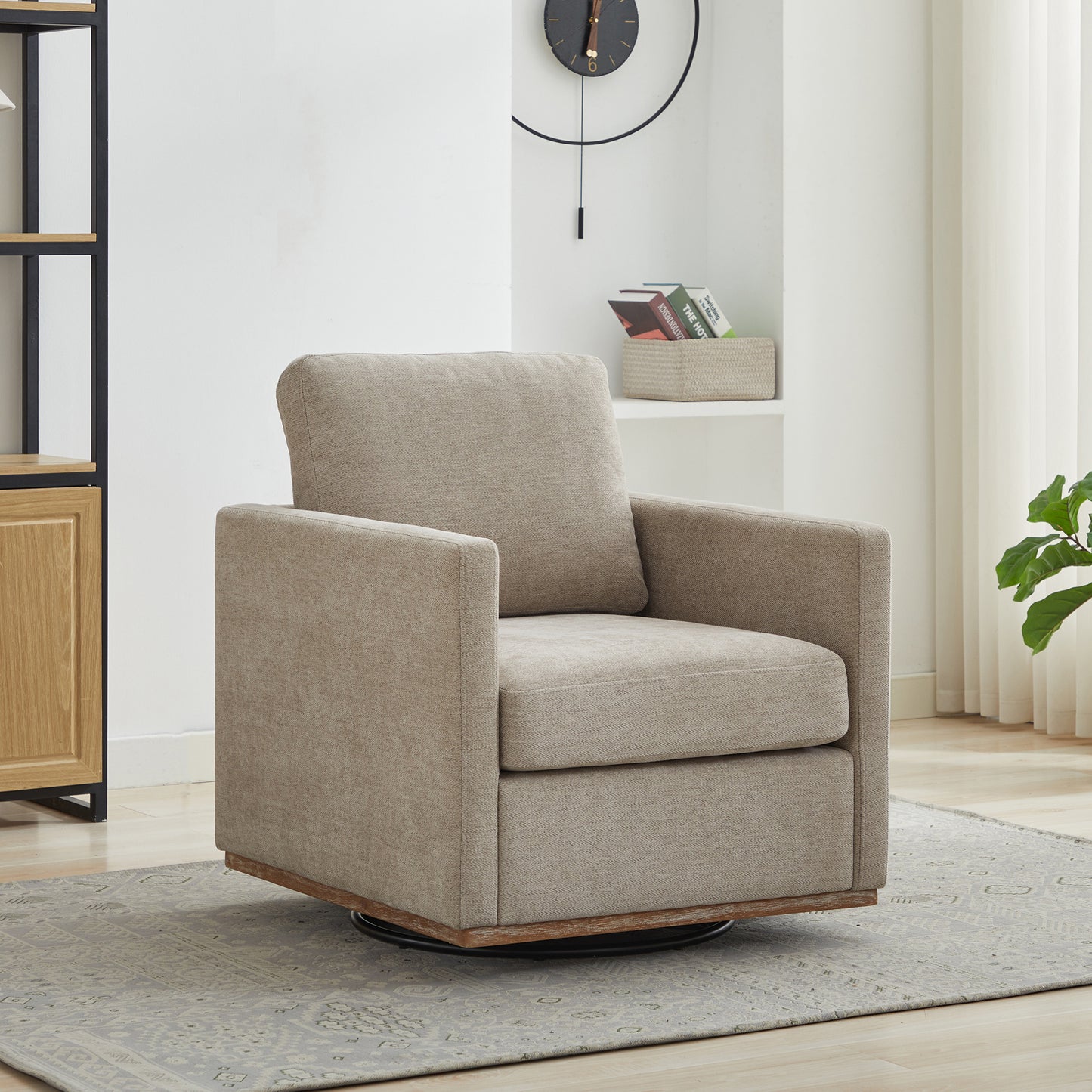 GOMYHOME 30.7-Inch Taupe Upholstered Swivel Accent Chair with Wood Base