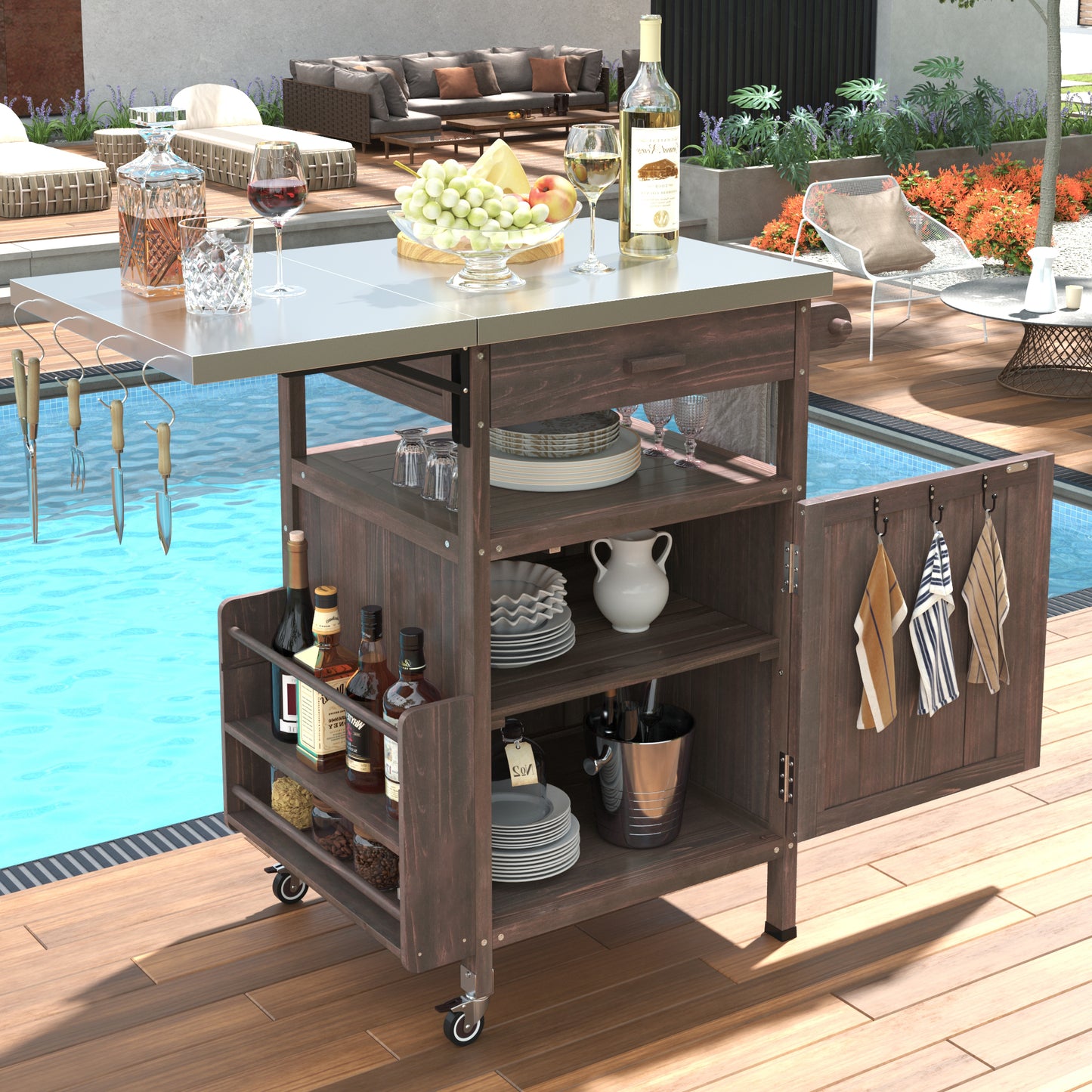 40.5" Outdoor Grill Cart with Stainless Steel Top, Solid Wood Outdoor Storage Cabinet with Drop Leaf, One Drawer, Towel Rack, Rolling Kitchen Cart with Lockable Wheels for Lawn Garden, Brown