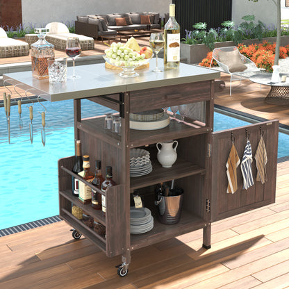 40.5" Outdoor Grill Cart with Stainless Steel Top, Solid Wood Outdoor Storage Cabinet with Drop Leaf, One Drawer, Towel Rack, Rolling Kitchen Cart with Lockable Wheels for Lawn Garden, Brown