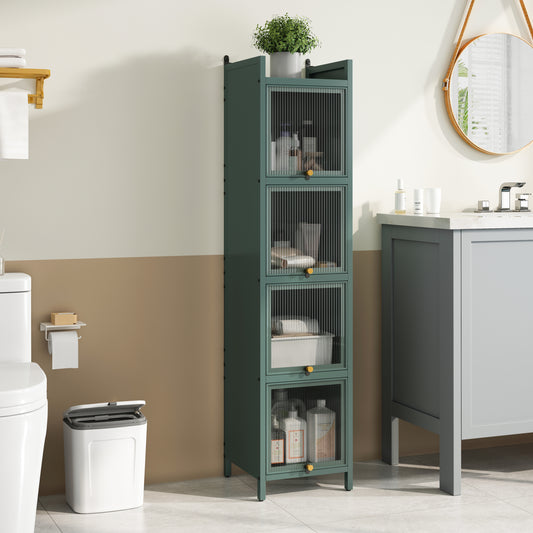 GOMYHOME Dark Green Four-Tier Glass Door Storage Cabinet with Fluted Doors