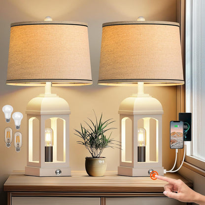 GOMYHOME Table Lamp for Living Room, Farmhouse Lamps Set of 2 with USB A+C and Nightlight, 26' Rustic Bedside Lamps with 3-Way Dimmable, Touch Nightstand Lamp for Bedroom, White