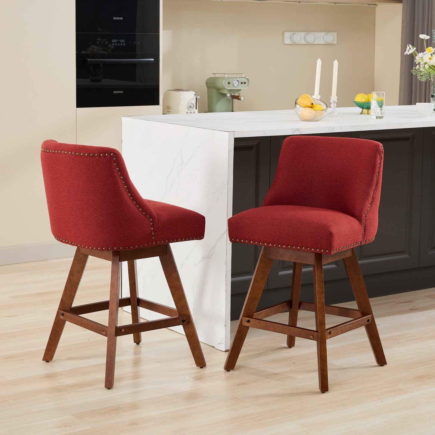 GOMYHOME Wine Red Fabric Counter Height Bar Stools 26", Set of 2