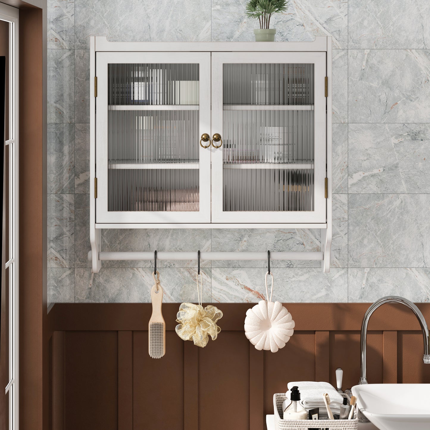 GOMYHOME 24.8-Inch Glass Door Wall Cabinet with Towel Rack Storage