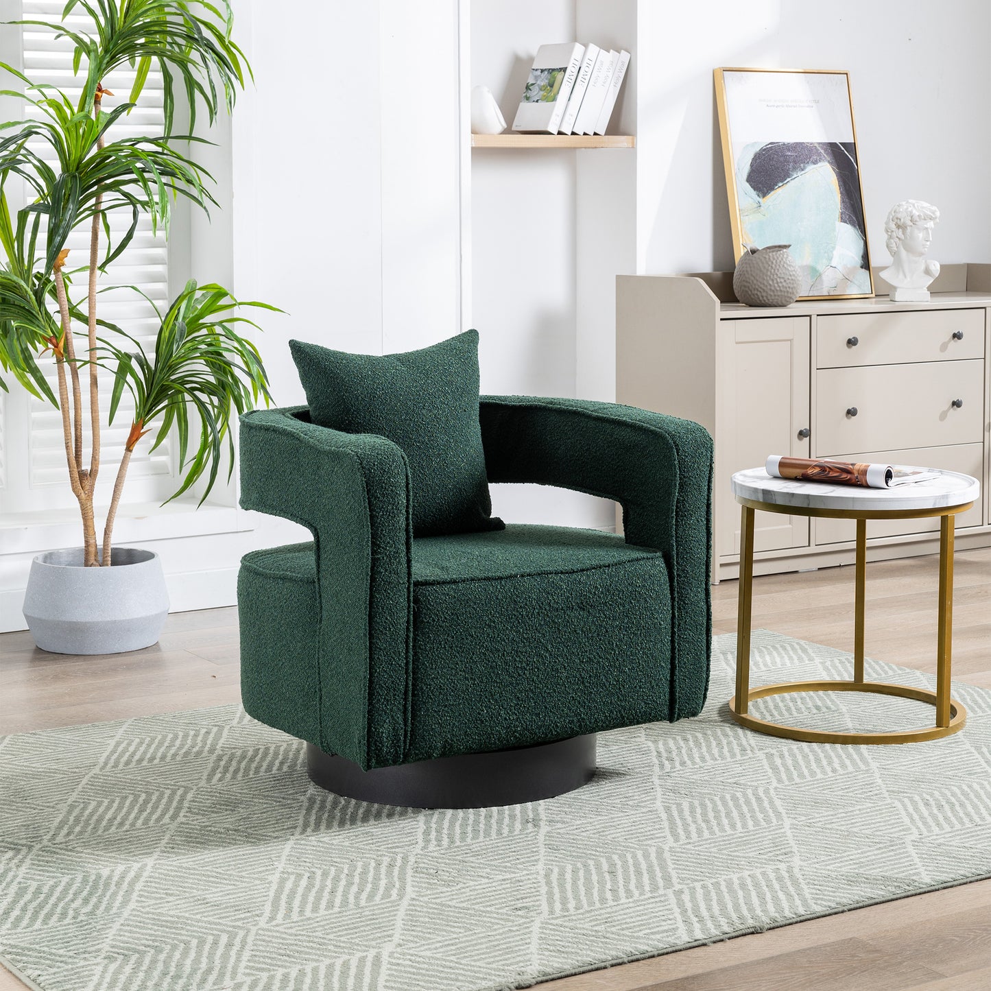 29.0'W Swivel Accent Open Back Chair Modern Comfy Sofa Chair With Black Base For Nursery Bedroom Living Room Hotel Office, Club Chair Leisure Arm Chair For Lounge (Green Boucle)