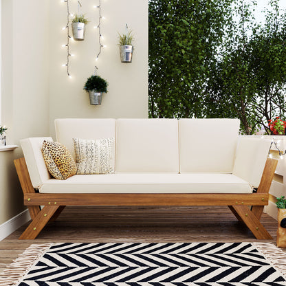 '-Outdoor Adjustable Wooden Patio Daybed Sofa Chaise with Beige Cushions