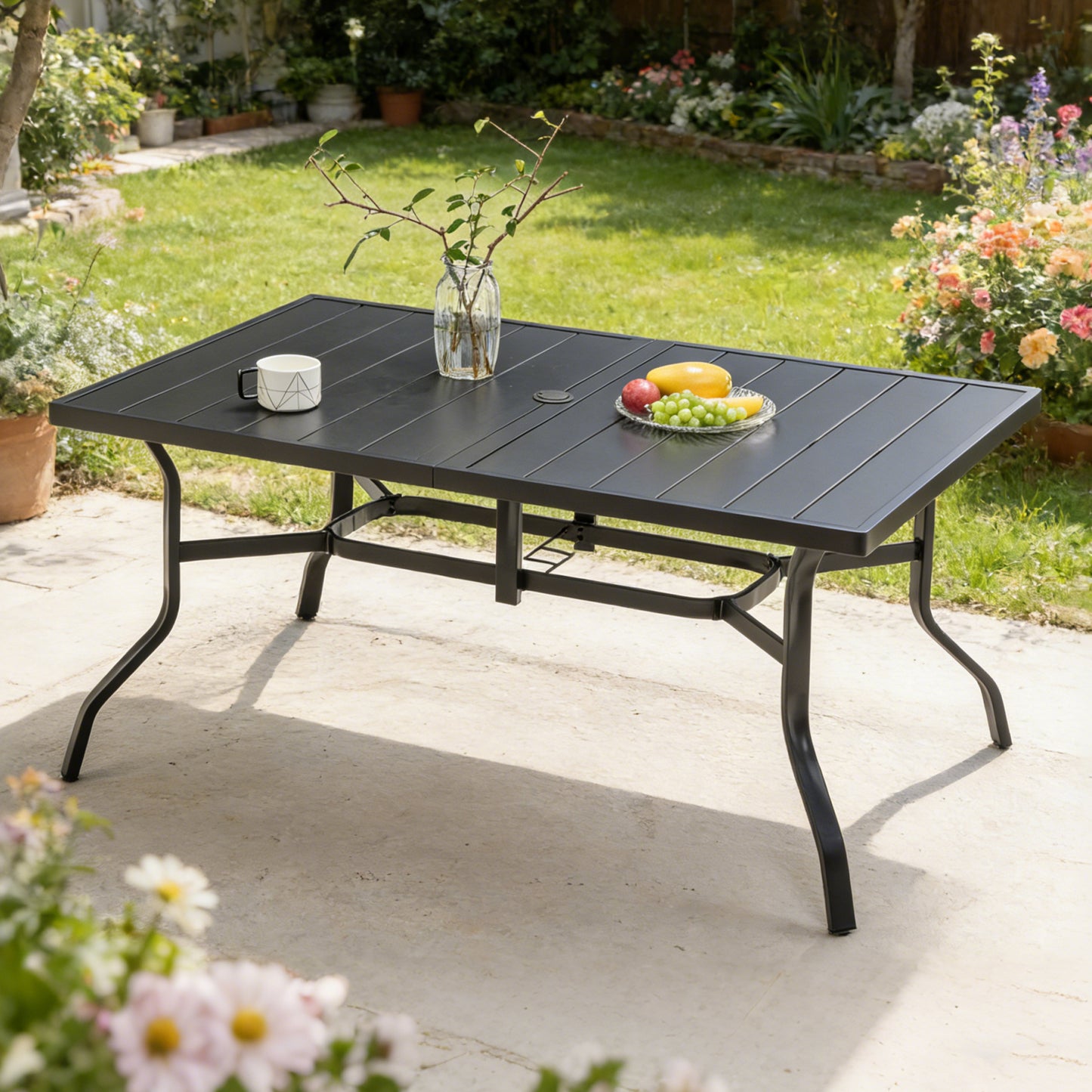 GOMYHOME Outdoor Dining Table for 6, Powder-Coated Steel Slat Top with 2.16" Umbrella Hole