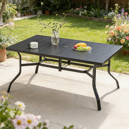 GOMYHOME Outdoor Dining Table for 6, Powder-Coated Steel Slat Top with 2.16" Umbrella Hole