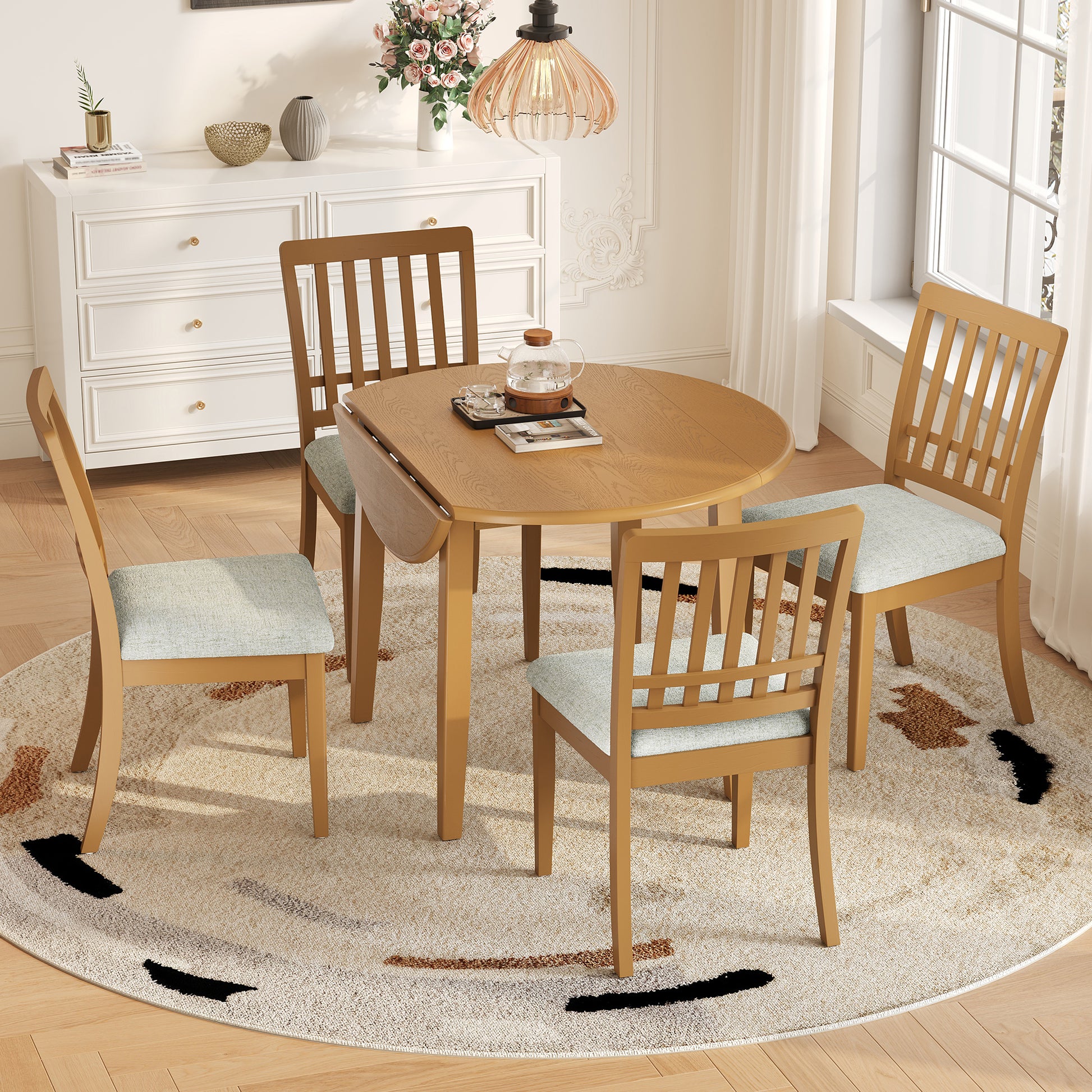 GOMYHOME Light Brown 5-Piece Folding Round Dining Set for 4 in Light Brown for Dining Room
