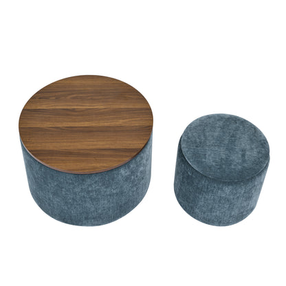 2-Piece Dark Blue Round Chenille Storage Ottoman Set