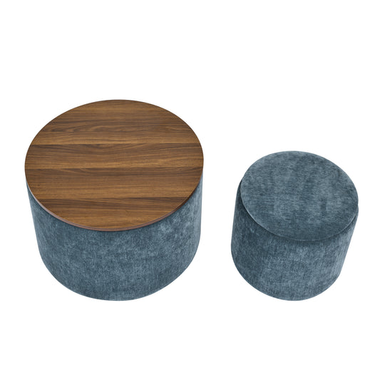 2-Piece Dark Blue Round Chenille Storage Ottoman Set