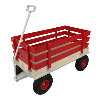 GOMYHOME Red Wooden Wagon Cart with Folding Handle, Heavy Duty All-Terrain Kids Wagon for