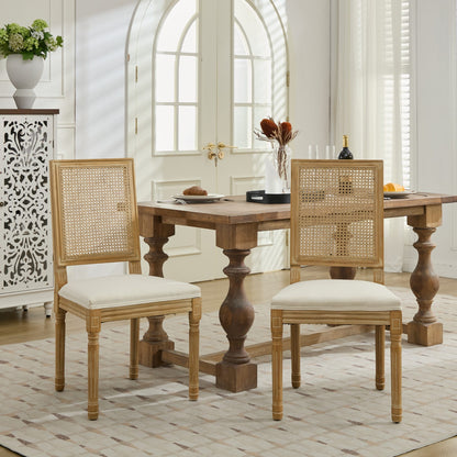 GOMYHOME Beige French Louis Linen Fabric Cane-Back Dining Chairs, Set of 2