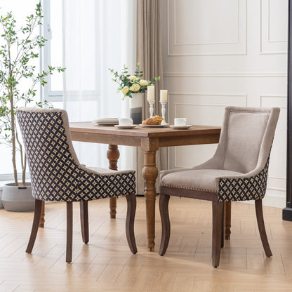 Upholstered Side Dining Chair, Dual-Fabric Beige & Geometric Back, Solid Wood Legs, Set of 2