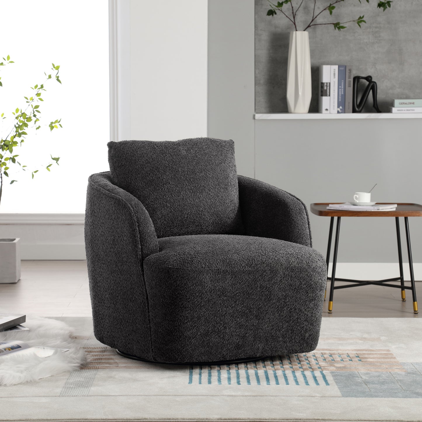 GOMYHOME 30.3" Boucle Swivel Accent Barrel Chair, 360° Round Base, Charcoal