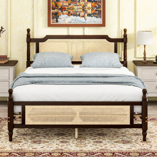 Queen Pine Wood Bed with Rattan Headboard & Footboard, Espresso Finish